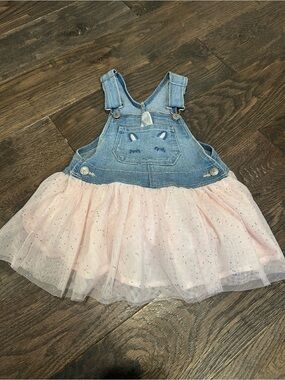OshKosh B'gosh Denim Unicorn Overall Dress with Pink Tulle Size 18 months